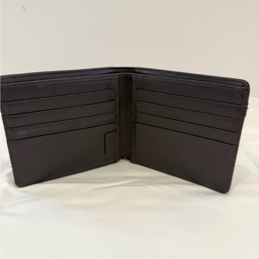 Kenzo Chocolate Brown Bifold Leather and mesh Wallet w Green and Red Interior.